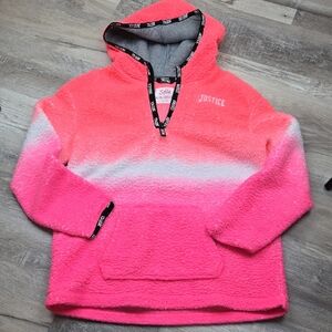 Justice Girls 14/16 Fuzzy Fleece Pullover Hoodie Quarter Zip Neon Pink Coral